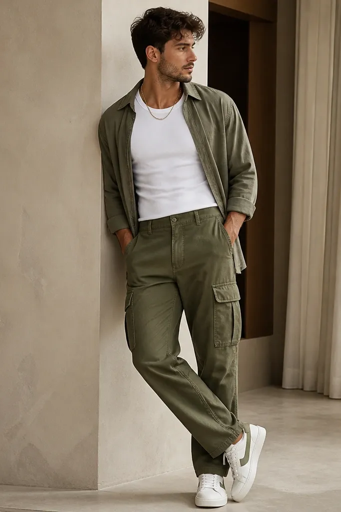 A fitted white muscle tee tucked slightly into army green cargo pants. An olive overshirt is worn open over it. The sneakers are white with a green stripe. A small gold chain is visible.