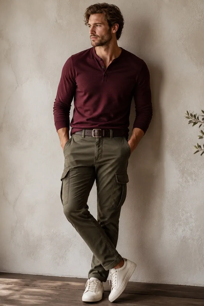 Army green cargo pants with a burgundy henley shirt. The henley has two to three buttons and a soft collar. The shoes are white sneakers, and the outfit includes a brown leather belt.