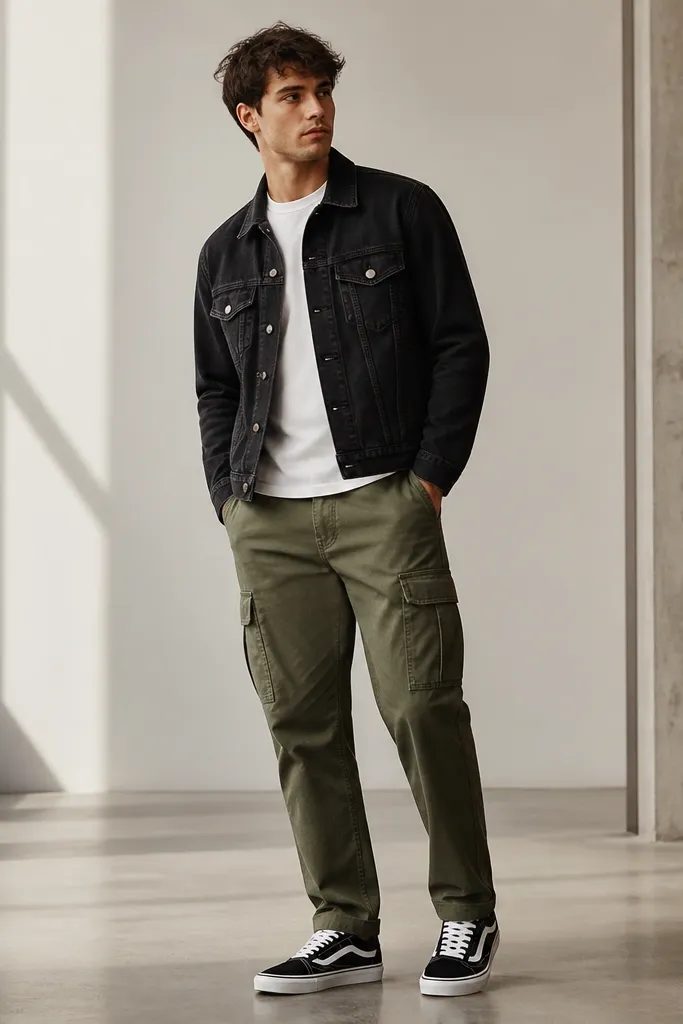 A black denim jacket worn over a white T-shirt, paired with army green cargo pants. The jacket is buttoned halfway and the model wears black-and-white sneakers. The overall look is clean and structured.
