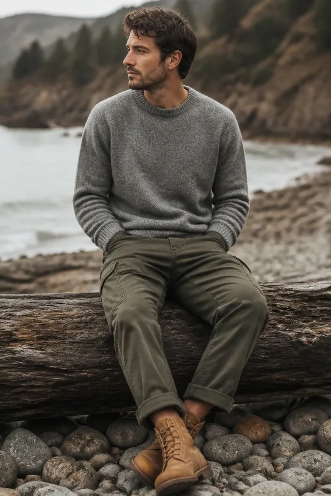 Army green cargo pants cuffed at the ankle, paired with a heather gray crewneck sweater. Tan leather boots sit under the cuff. The sweater has a relaxed fit and the outfit looks cozy.