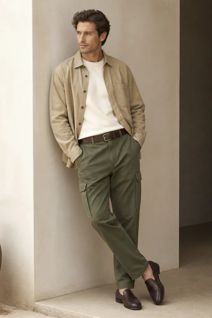 Army green cargo pants with an khaki overshirt layered over an off-white tee. The model wears brown loafers and a simple brown leather belt. The overshirt is open with visible buttons.