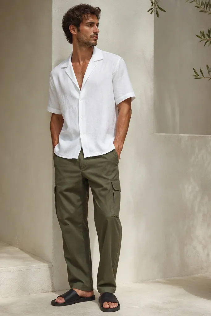 Army green cargo pants styled with a white short-sleeve camp collar shirt. The shirt is open at the top with no tie, and the model wears black slide sandals. The outfit looks like a warm-weather casual day.