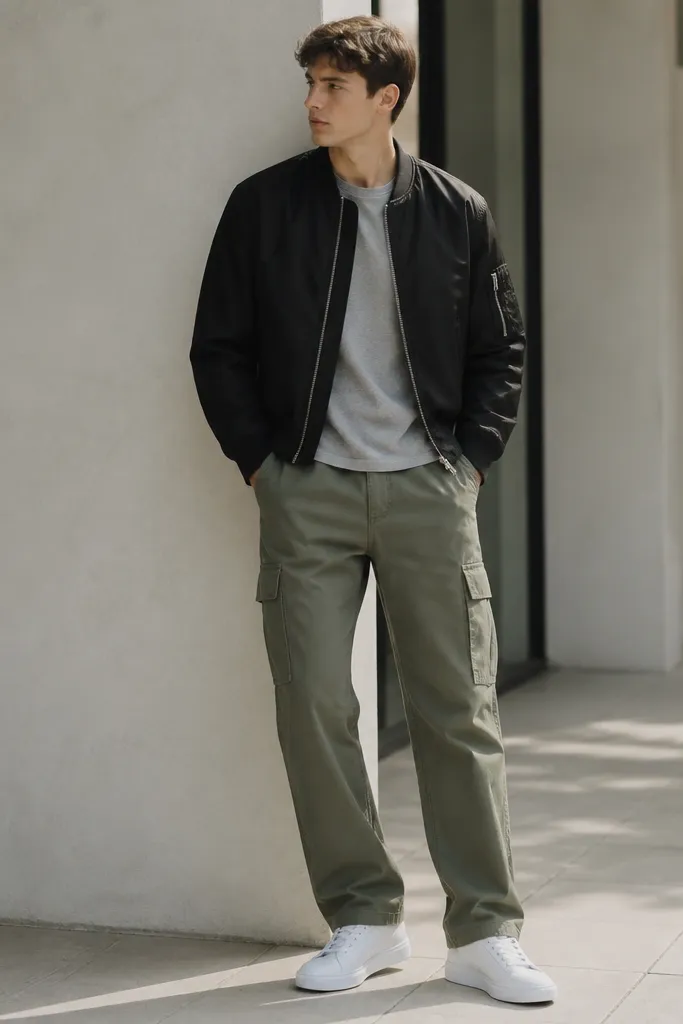 A black bomber jacket over a light gray T-shirt, with army green cargo pants. The model wears white trainers with a clean sole. The bomber is zipped halfway and the pants have a relaxed fit.