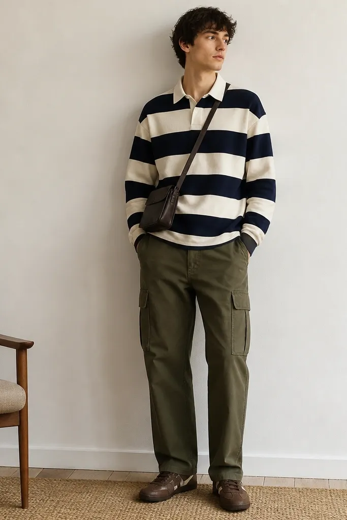 Army green cargo pants paired with a navy-and-white striped rugby shirt. The rugby shirt has a collar and a slightly textured knit. The shoes are brown sneakers and a small crossbody bag is worn.