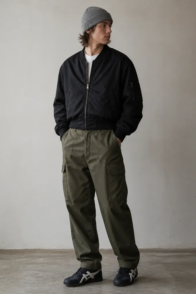 Black cropped bomber jacket over an olive cargo trouser with subtle creases. The person wears a plain white tee peeking from the collar. Onitsuka Tigers in black and off-white are paired with the trouser hem lightly stacked. A gray knit beanie sits on the head.
