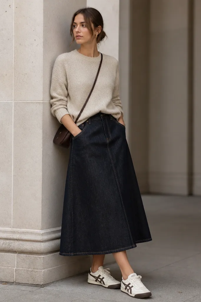 A soft oatmeal knit sweater paired with a dark indigo denim midi skirt that hits mid-calf. The person wears white-and-brown Onitsuka Tigers with the skirt slightly flared. Accessories include small gold hoops and a crossbody bag. The sweater sleeves are pushed to show the wrist.