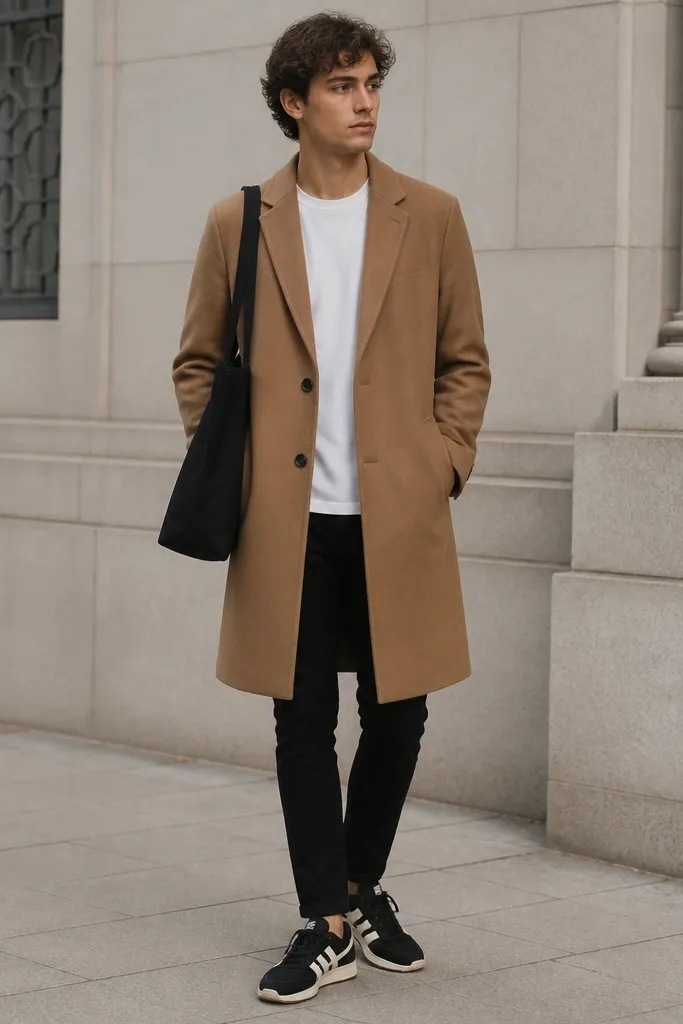 A camel overcoat worn over a white crew tee and black skinny jeans. The person wears black-and-cream Onitsuka Tigers. A simple black tote bag hangs from the shoulder. The overcoat ends around the knee.