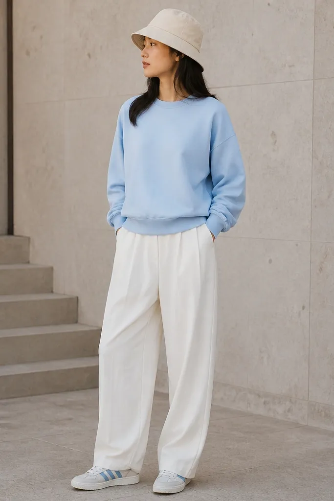 A sky blue crewneck sweatshirt with relaxed fit paired with off-white wide-leg trousers. The person wears Onitsuka Tigers in white with light blue accents. Sneakers are clearly visible under the trousers. A light beige bucket hat completes the look.