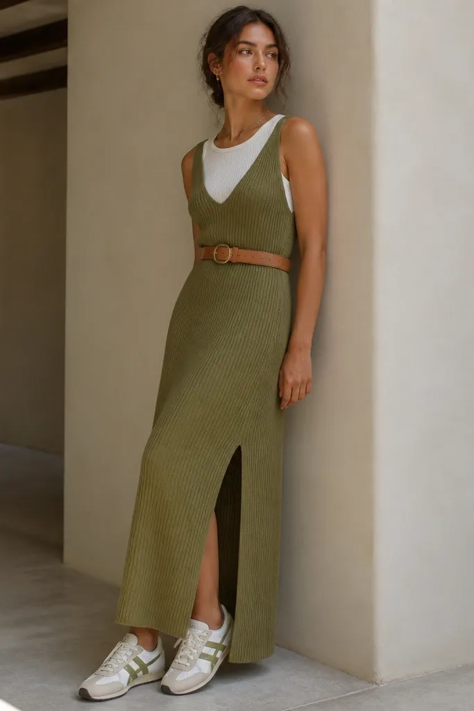 A white ribbed tank under an olive knit maxi dress with a side slit. The person wears Onitsuka Tigers in cream and olive tones. The dress hem shows the sneaker clearly. A tan leather belt cinches the waist.