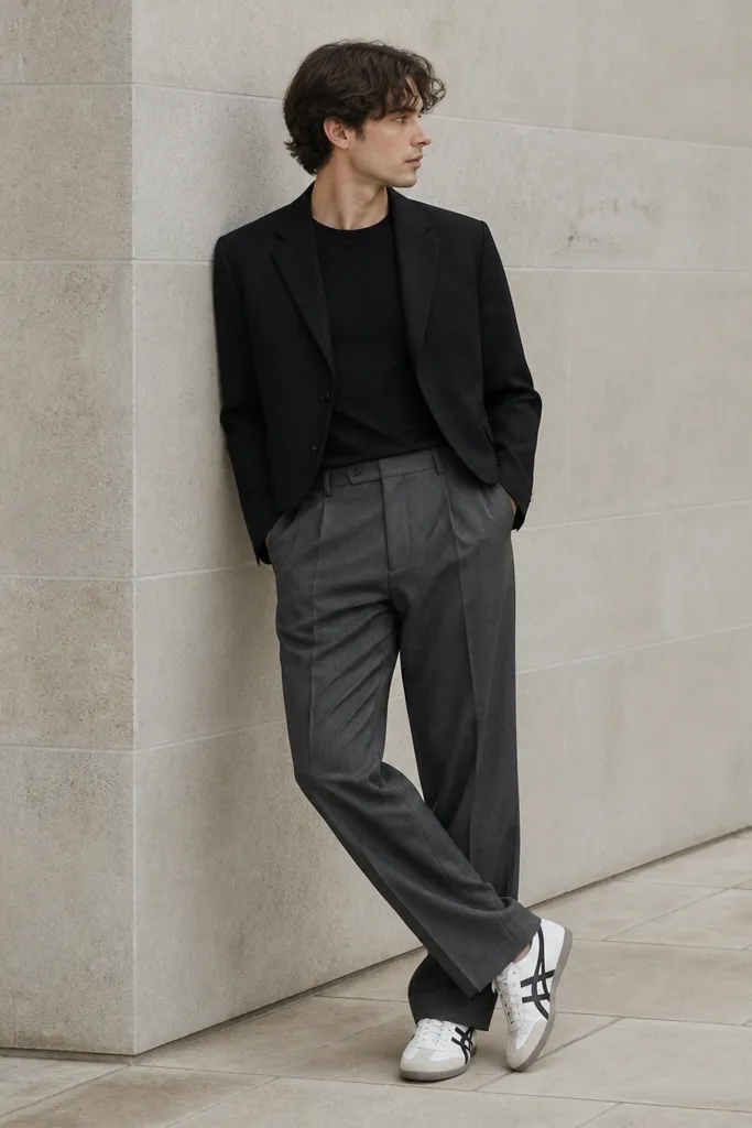 A cropped black blazer over a black crew tee with grey suit trousers. The person wears Onitsuka Tigers in white with black accents. The blazer hem ends around high waist; the trousers have a slight break at the shoe.