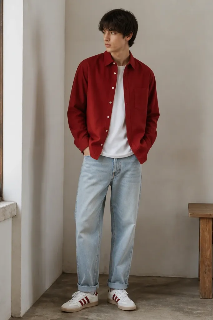 A red overshirt worn over a white tee, paired with light wash jeans. The person wears Onitsuka Tigers in white with red or burgundy accents. The overshirt is buttoned halfway and the jeans are cuffed once.