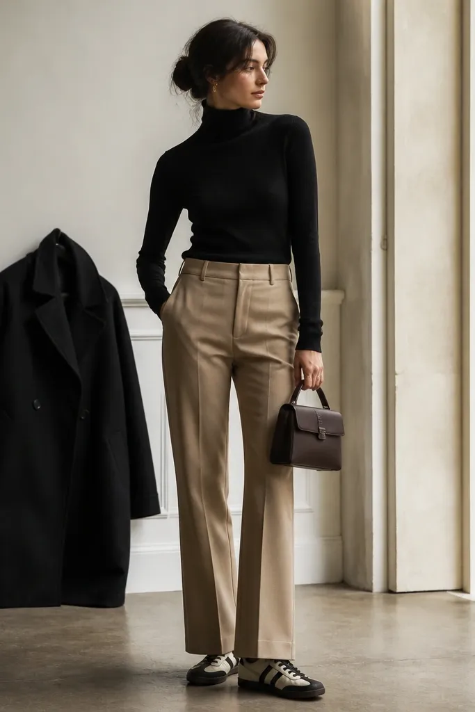 A fitted black turtleneck tucked into tan straight pants. The person wears Onitsuka Tigers with black and cream panels. A long black coat hangs open in the background. The bag is small and structured in dark brown.