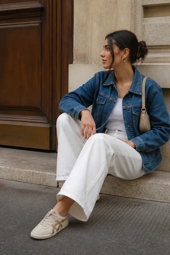 A classic blue denim jacket worn over a white top and white wide-leg jeans. The person wears Onitsuka Tigers in cream with tan stripes. Gold hoop earrings and a small beige shoulder bag are visible.