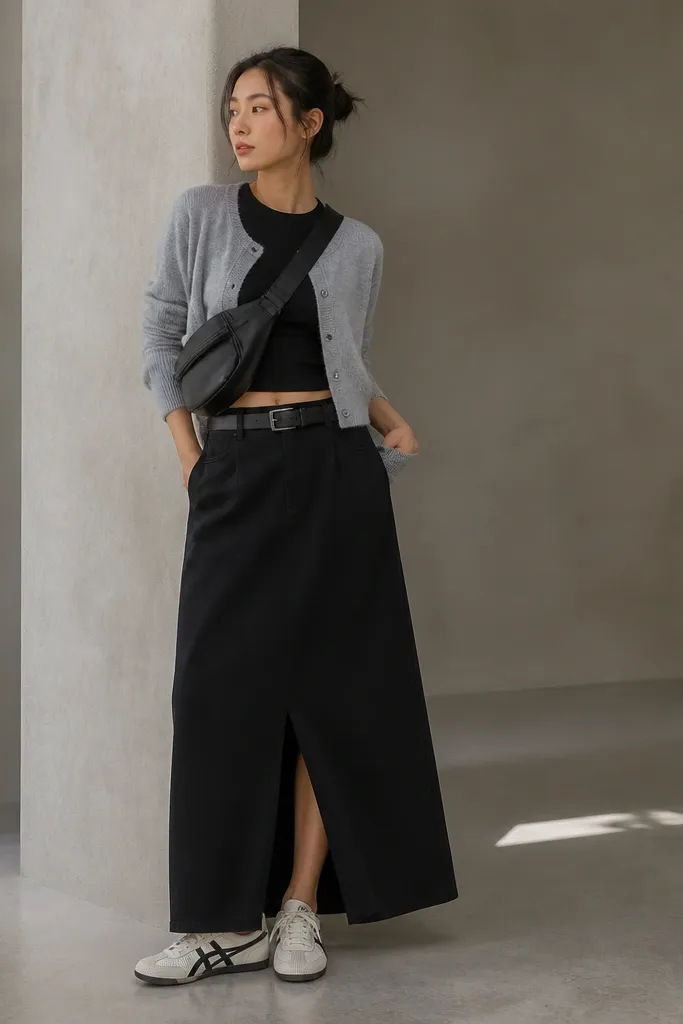A black maxi skirt with a subtle slit and a cropped cardigan over a fitted top. The person wears Onitsuka Tigers in white with black accents. The cardigan is light gray, and the outfit includes a belt bag across the chest.