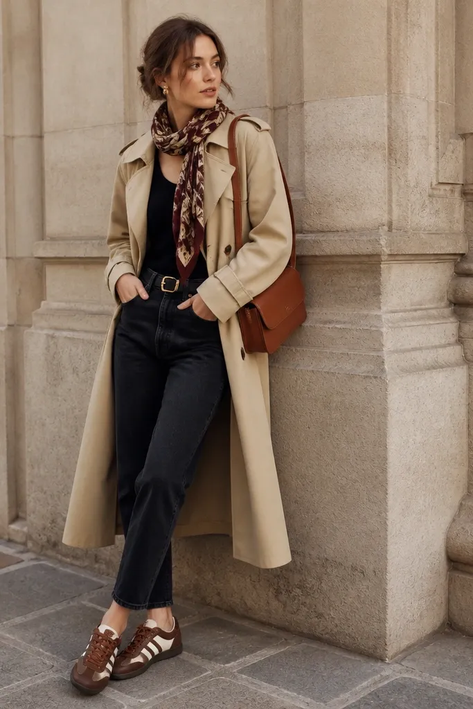 A tan trench coat over dark jeans and a simple black top. The person adds a patterned scarf in burgundy and cream around the neck. Onitsuka Tigers in brown and cream are worn with a visible ankle. A structured shoulder bag in cognac sits on the side.