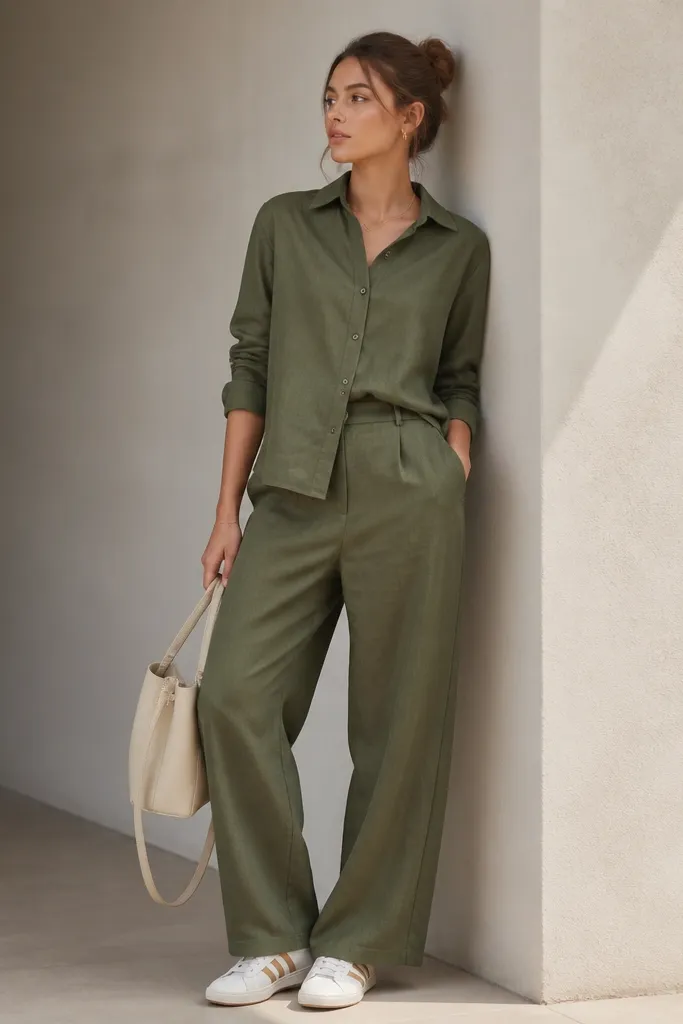An olive button-up shirt and matching olive trousers worn together, both slightly textured. The person wears white Onitsuka Tigers with tan stripes. A cream bag and minimal jewelry keep the look clean.