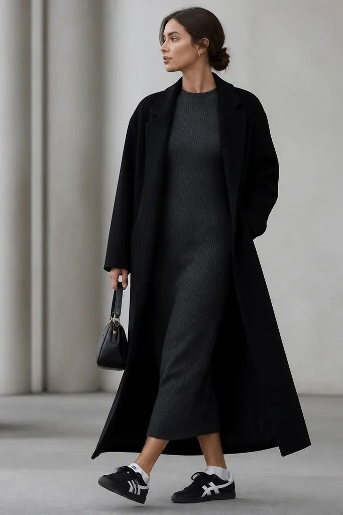 A black maxi coat worn open over a ribbed midi dress in charcoal. The person wears Onitsuka Tigers in black and white. Low-profile white socks show above the shoe line. A small black bag hangs by the side.