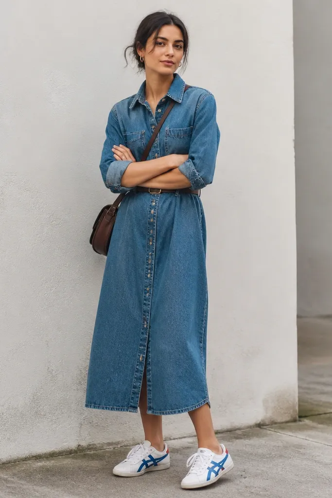 A denim shirt dress buttoned down with a belt cinched at the waist. The hem hits mid-calf. The person wears Onitsuka Tigers in white with blue panels. A brown leather crossbody and small hoop earrings are visible.