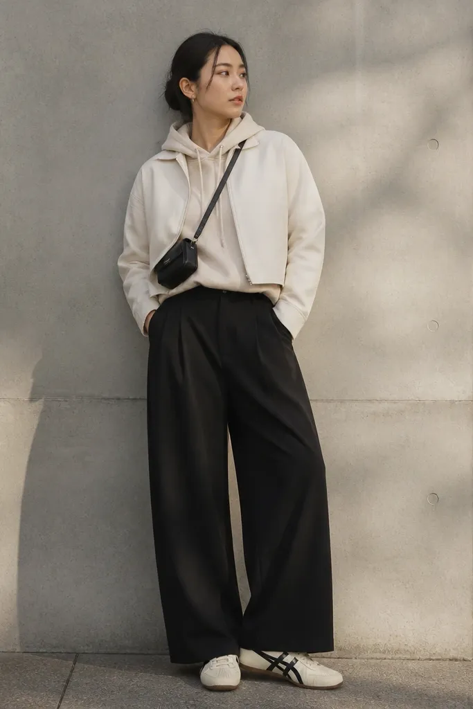A cream hoodie worn under a light cropped jacket, paired with black wide-leg pants. The person wears Onitsuka Tigers in cream and black accents. A mini black bag sits crossbody across the chest. The hoodie hem is slightly tucked.