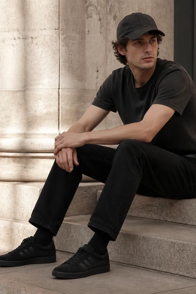 Black suede Onitsuka Tigers with visible nap texture worn with a charcoal crewneck t-shirt, straight black denim jeans with a slight taper, and black socks; a matte black belt and black cap complete the look.