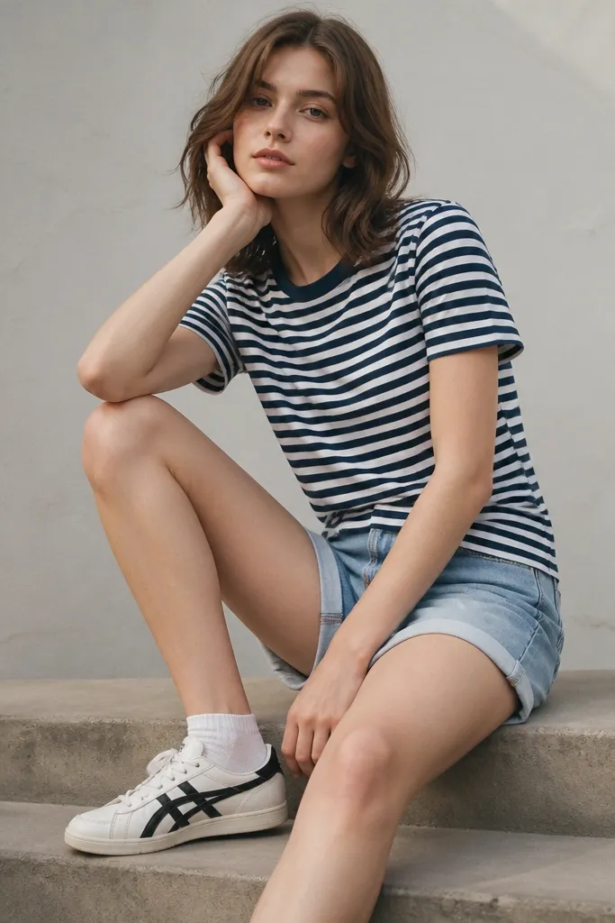 White Onitsuka Tigers with black stripes worn with a navy-and-white striped t-shirt and light blue denim shorts; cuffed shorts show the hem, and the socks are white ankle socks.