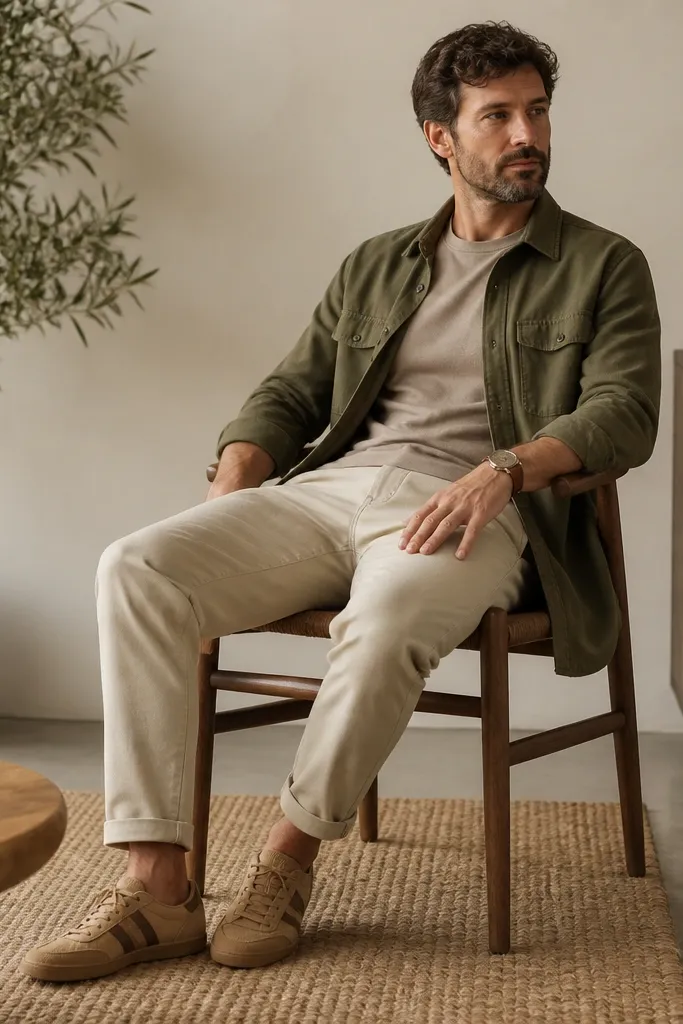 Tan suede Onitsuka Tigers with darker stripes worn with an olive button-up overshirt left open over a beige t-shirt, beige chinos, and a brown leather watch strap.