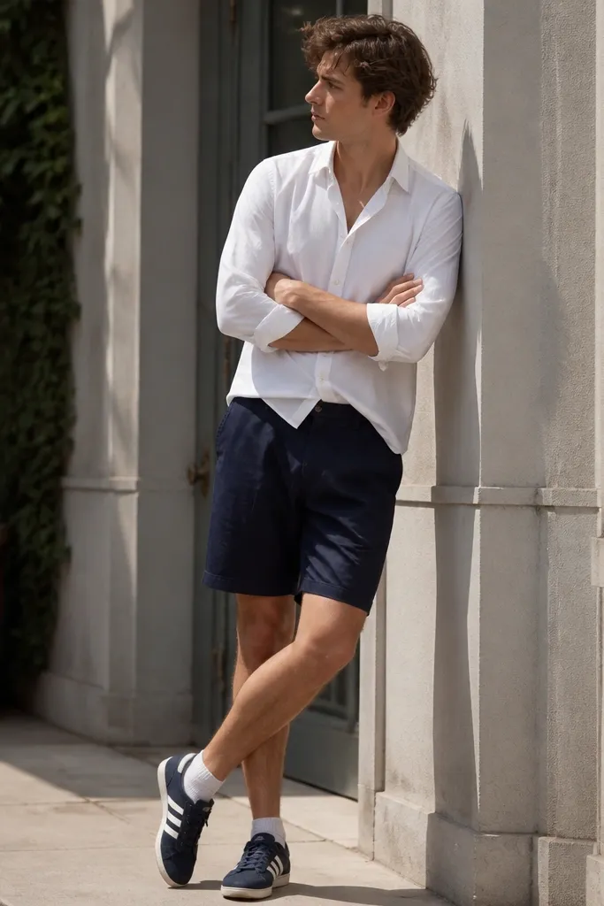 Navy Onitsuka Tigers with white stripes worn with a white Oxford button-down, navy shorts, and white low socks; the shirt is half-tucked and the collar sits open.
