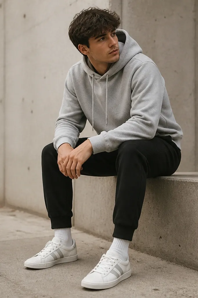 White Onitsuka Tigers worn with a light gray pullover hoodie and black joggers with a tapered cuff; white socks peek above the shoe line.