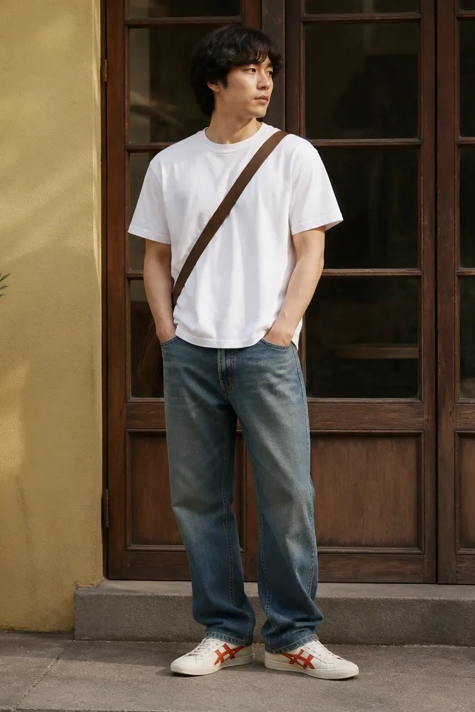 Onitsuka Tigers with a red-orange accent worn with a plain white t-shirt and washed indigo straight jeans; the hem breaks slightly over the shoe, and a brown crossbody strap runs diagonally.