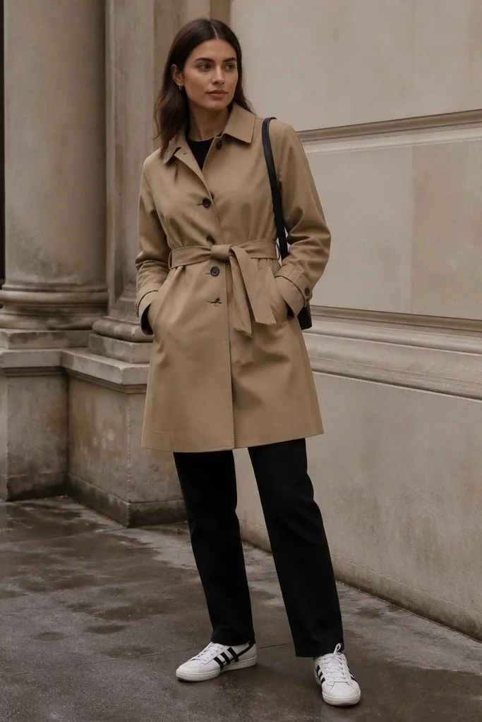 Black-and-white Onitsuka Tigers worn under a beige trench-style coat with a belt, paired with black slim-straight trousers; the coat hem falls around mid-thigh.