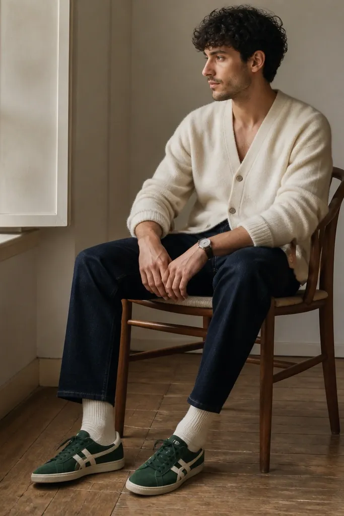 Forest green suede Onitsuka Tigers worn with a cream cardigan buttoned halfway and dark indigo jeans; the socks are cream and the cardigan sleeves are slightly rolled.