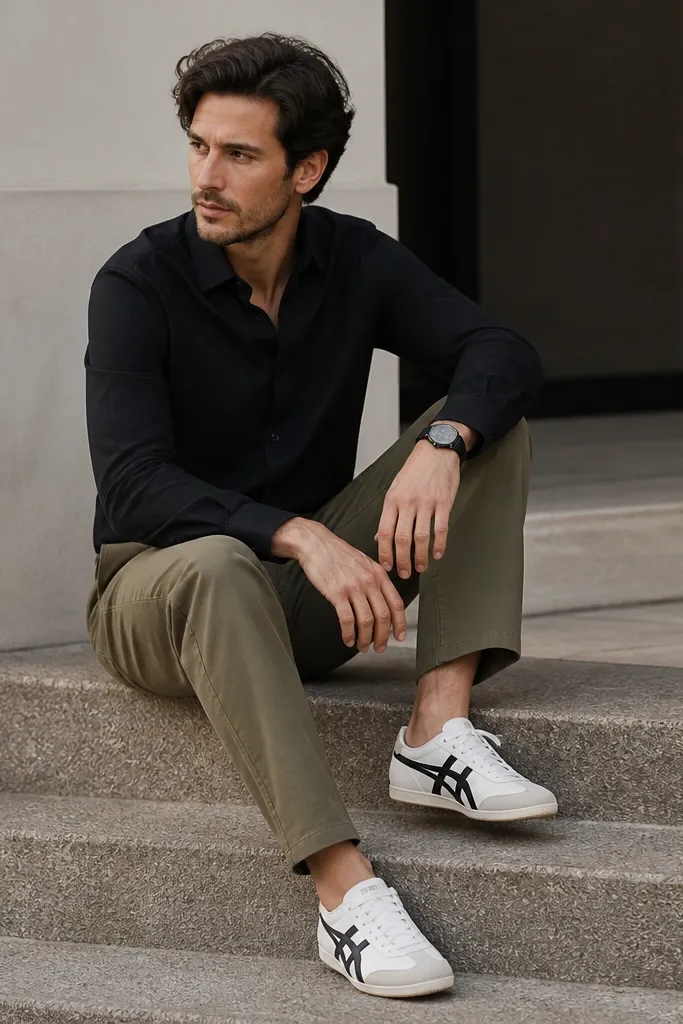 White Onitsuka Tigers with black stripes worn with a black long-sleeve shirt and olive chinos; the shirt is tucked and there is a simple black watch.