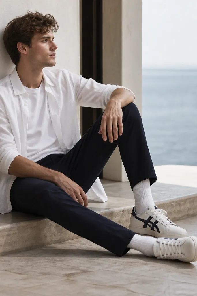Navy-and-white striped Onitsuka Tigers worn with an unbuttoned white linen shirt layered over a plain white tee, navy chinos, and white sneakers socks.