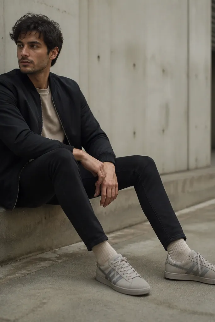 Grey suede Onitsuka Tigers worn with a black bomber jacket, beige t-shirt, and slim black jeans; the jacket cuffs are ribbed and the socks are beige.
