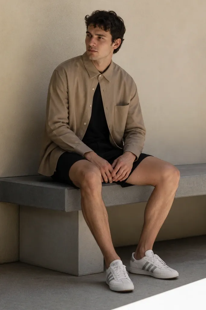 White Onitsuka Tigers worn with a khaki overshirt over a black tee and black shorts; the overshirt is buttoned at the top and the shorts sit mid-thigh.