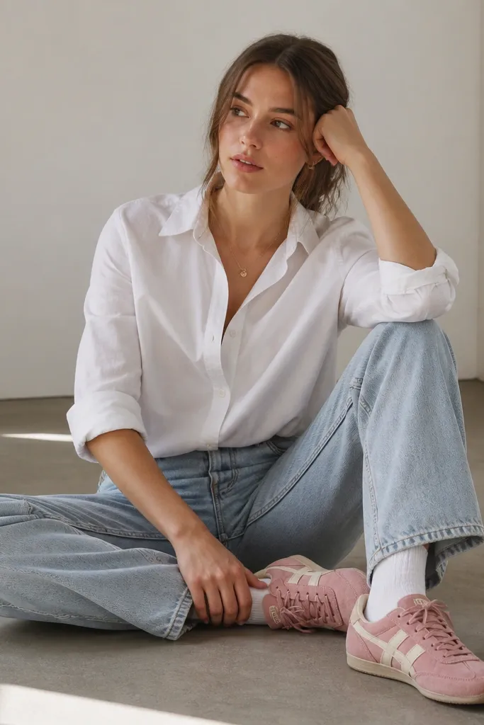 Pink suede Onitsuka Tigers worn with a white poplin button-down (sleeves rolled), light-wash blue jeans, and white socks; a small gold necklace is visible.
