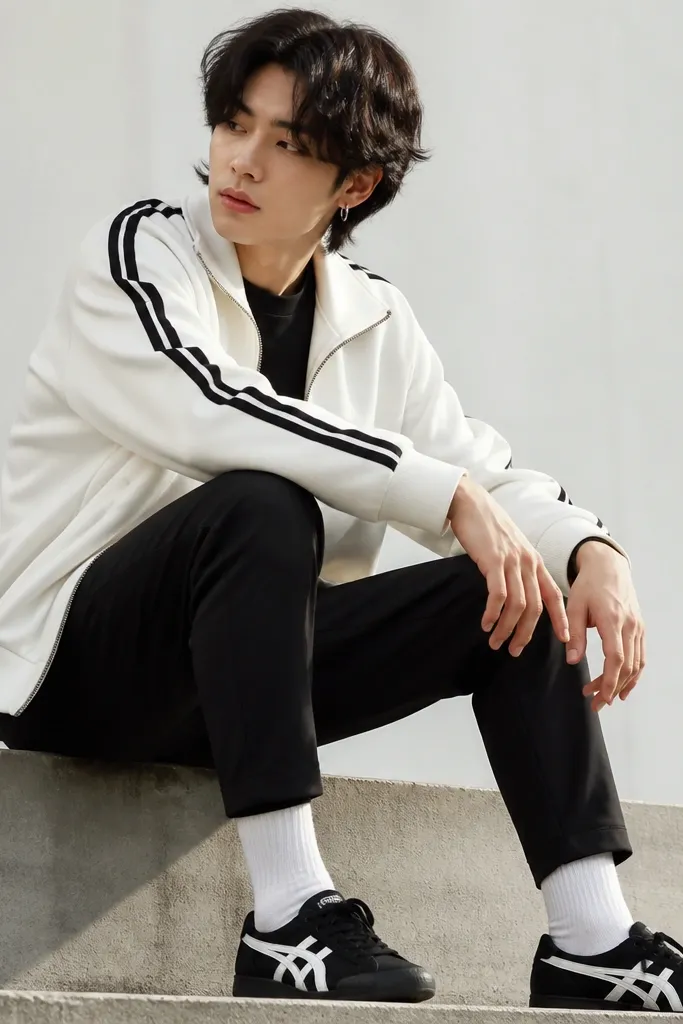 Black Onitsuka Tigers worn with a white track jacket with black stripes, black tapered pants, and black-and-white sneakers socks; a silver hoop earring is visible.