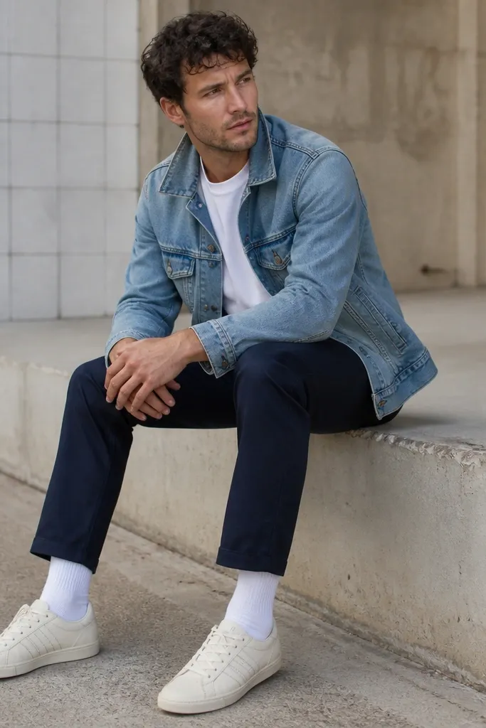 Cream Onitsuka Tigers worn with navy chinos, a light blue denim jacket, and a white t-shirt; the jacket collar is up slightly and socks are white.