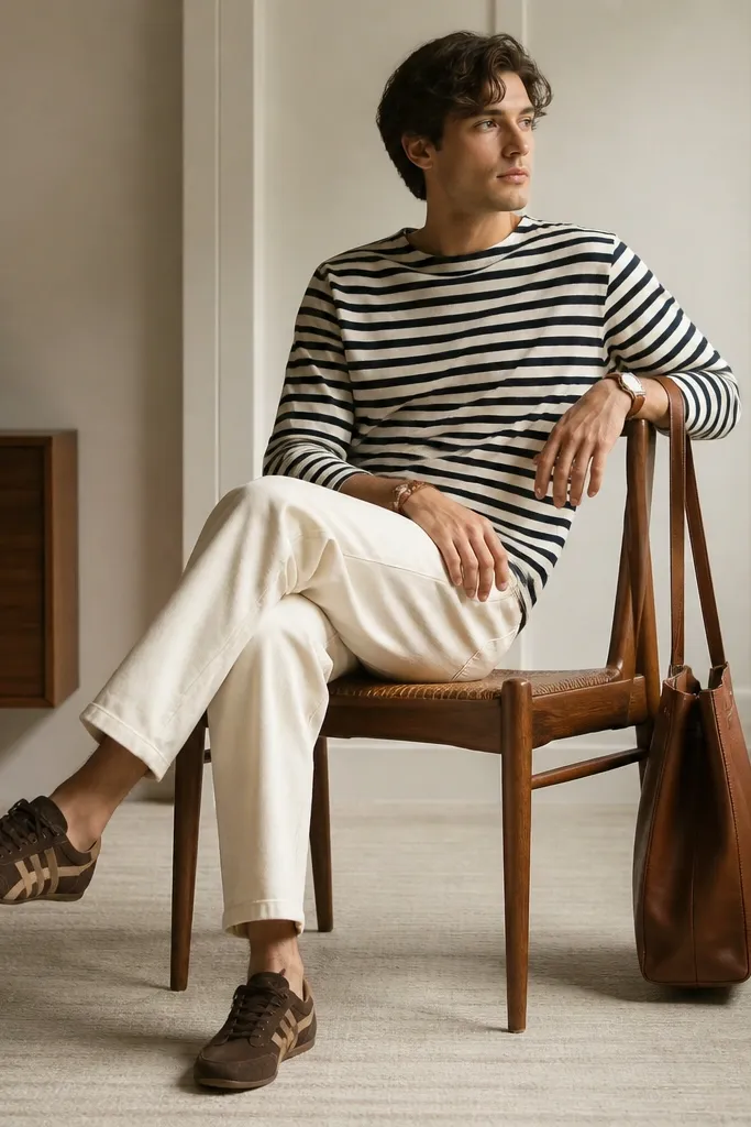 Cocoa suede Onitsuka Tigers worn with a black-and-off-white striped long-sleeve tee, off-white trousers with a straight leg, and brown leather accessories.