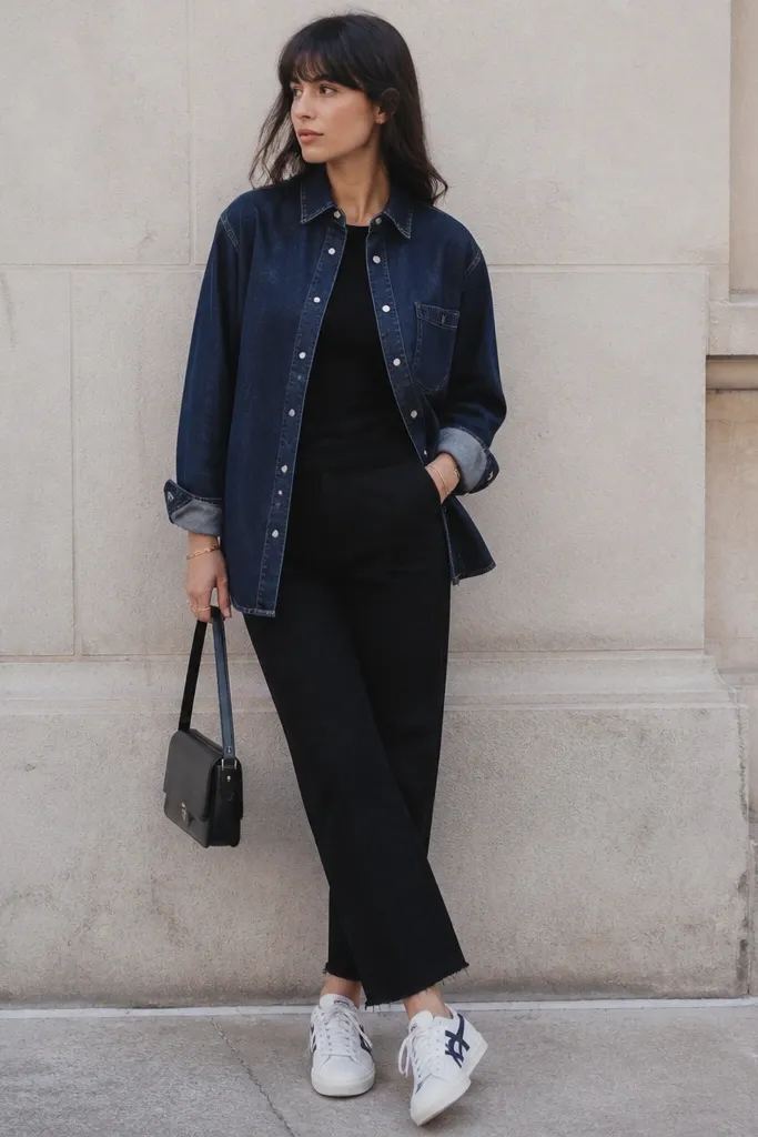 White Onitsuka Tigers worn with a navy denim button-up worn as a shirt-jacket over a black outfit; the image shows black skirt or black jeans with a clean hem, plus a small black bag.