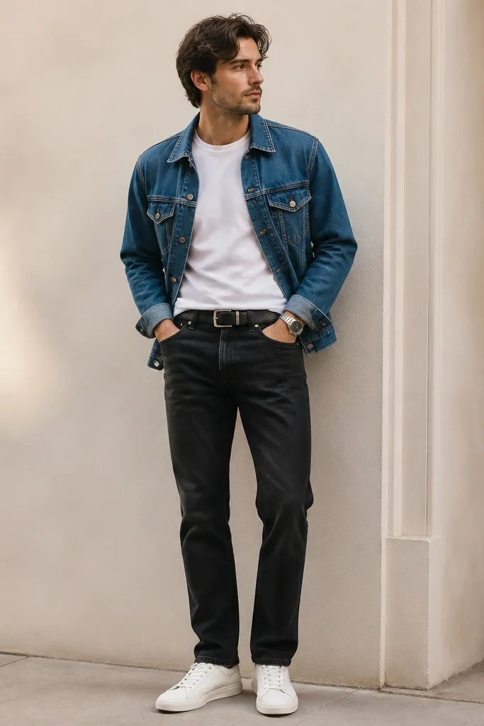 A man wearing black straight-leg jeans with a slightly faded matte finish, a fitted white crew-neck T-shirt, a medium-wash blue denim jacket worn open, and clean white low-top sneakers. A simple black belt and a silver wristwatch sit at the waist and wrist.