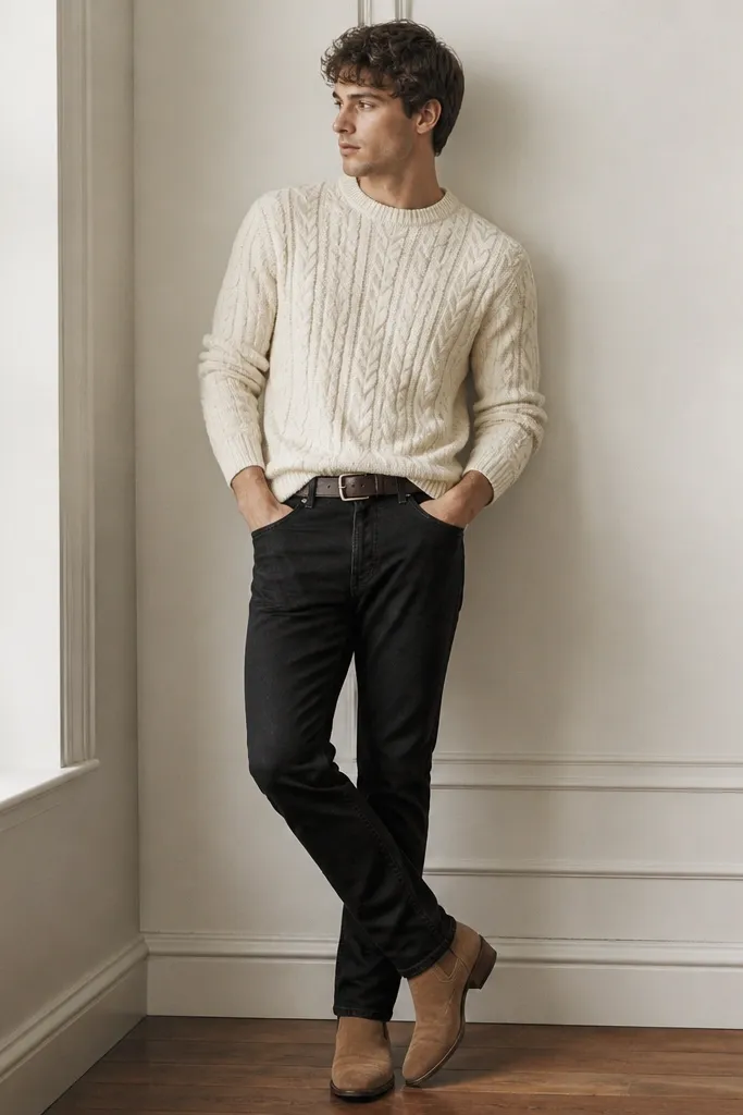 A person in black jeans paired with a cream cable-knit sweater, tucked slightly at the front, tan suede boots, and a dark brown leather belt. The sweater sleeves sit at the wrist and the boots show a slight heel.