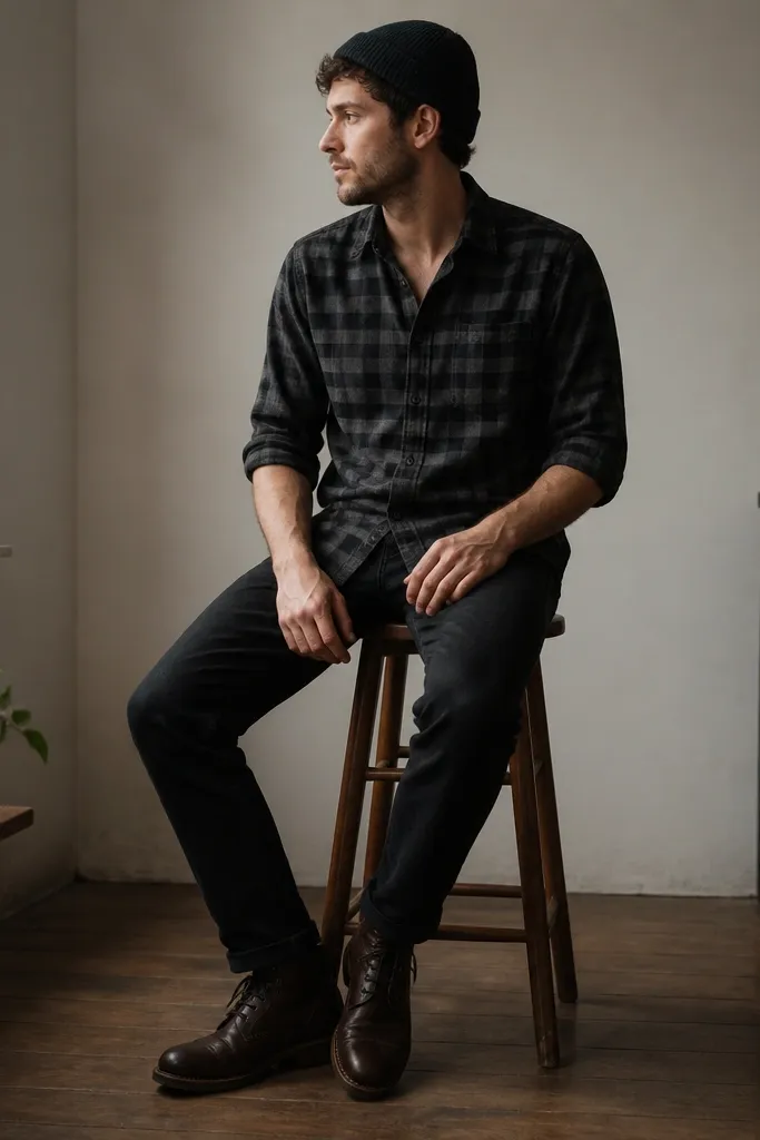 A black-jeans outfit featuring a charcoal plaid flannel worn buttoned halfway, sleeves rolled to mid-forearm, with a dark beanie. The shoes are dark brown leather lace-ups.