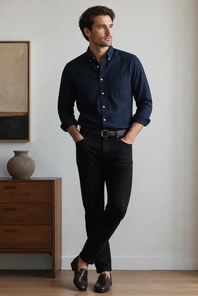 A navy button-down Oxford shirt tucked into black jeans, with the collar sitting flat and sleeves rolled slightly. Dark brown loafers with a low shine and a thin belt complete the look.