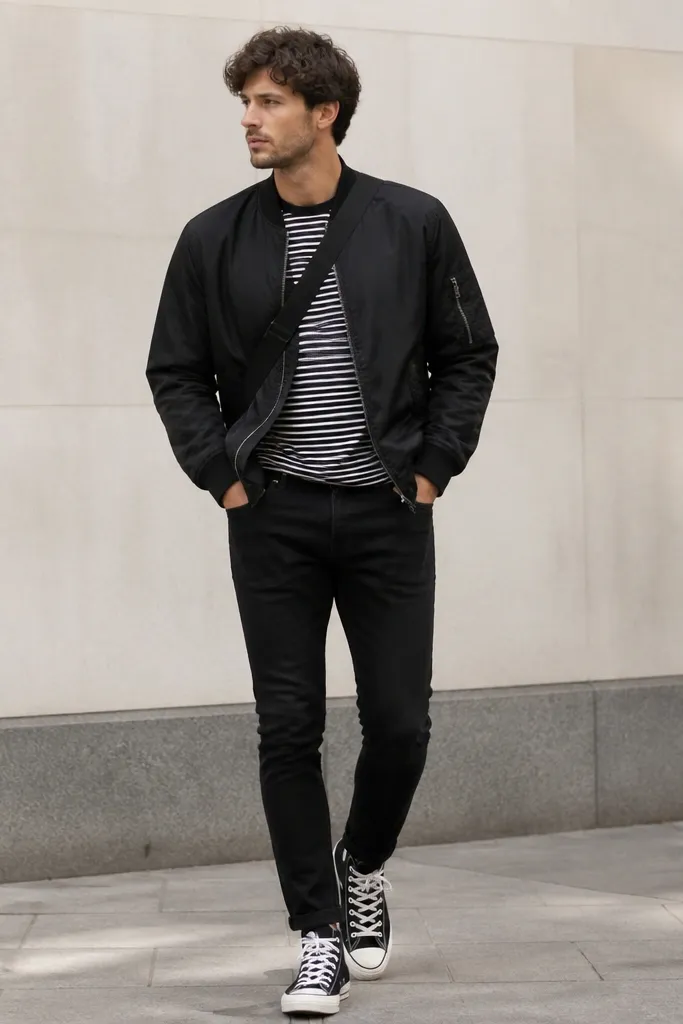 A black bomber jacket worn over a black-and-white striped tee, black slim jeans, and black-and-white sneakers. A crossbody strap runs diagonally across the torso.