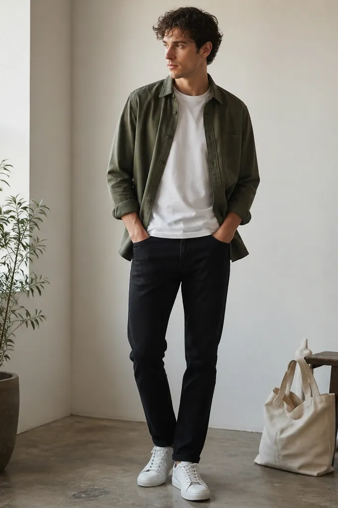 Black jeans paired with an olive green overshirt worn open over a plain white tee. White sneakers and a canvas tote bag sit at the side.