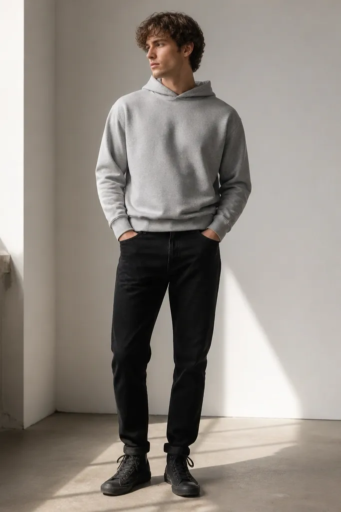 A heather gray hoodie worn over black jeans, with black high-top sneakers. The hoodie hem sits slightly above the jean waistband and the hood rests flat.