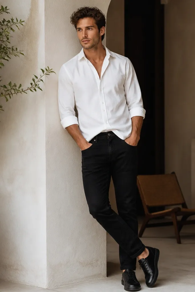 A crisp white button-up shirt worn with sleeves rolled to forearms, tucked loosely at the front, black jeans, and black leather sneakers. A thin gold chain peeks at the collar line.