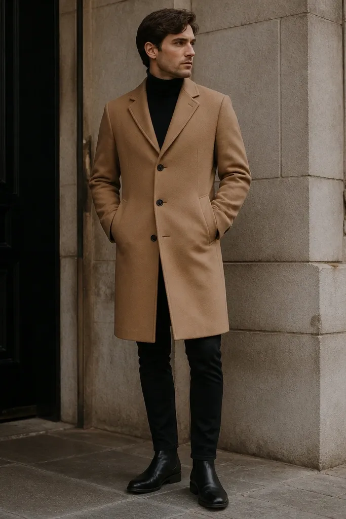 A camel overcoat over a black fitted turtleneck, black jeans, and black leather Chelsea boots. The coat is buttoned and the turtleneck collar sits snug at the neck.