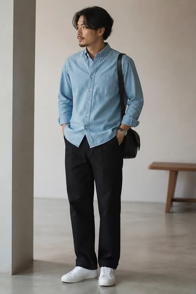Light blue chambray shirt worn buttoned and untucked slightly, black jeans with a relaxed straight fit, and white trainers. A watch and a small shoulder bag appear in frame.
